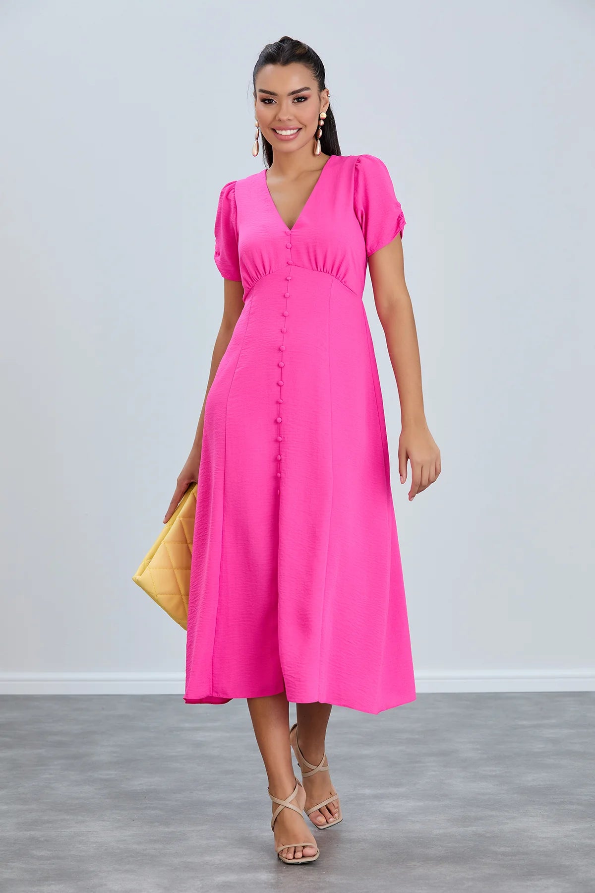 Jenerique Button Front Pink Midi Dress Cozy Wide Strap Midi Dress