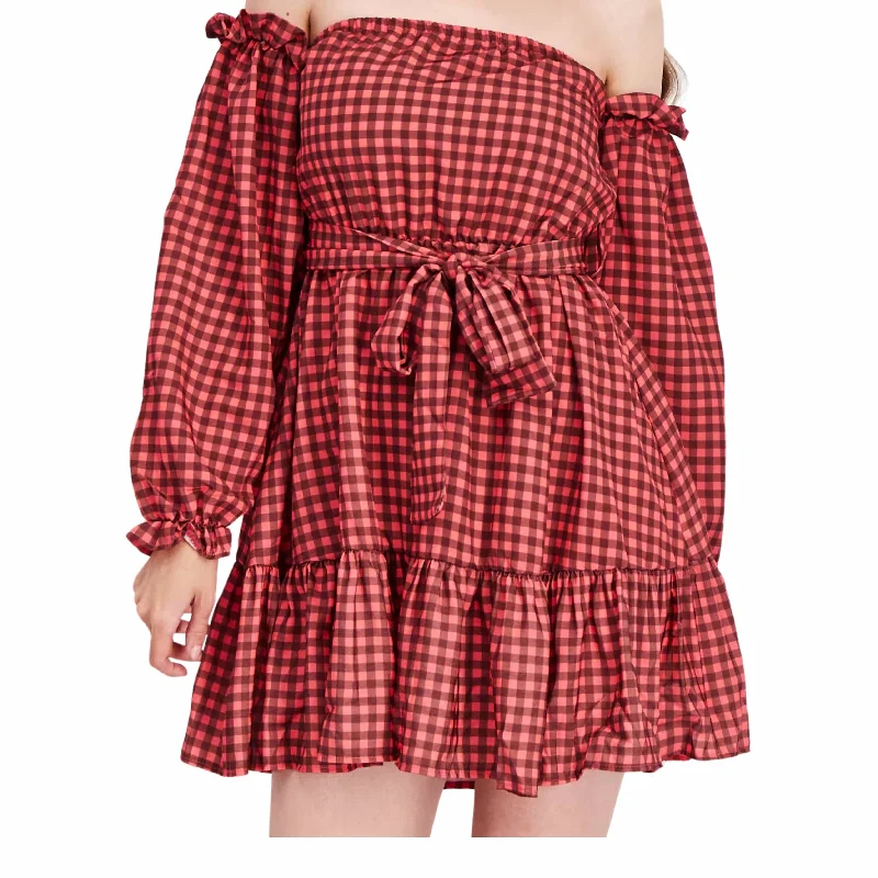 JOHN ZACK - Off Shoulder Gingham Pattern Belted Mini Dress Comfortable Smocked Mini Dress