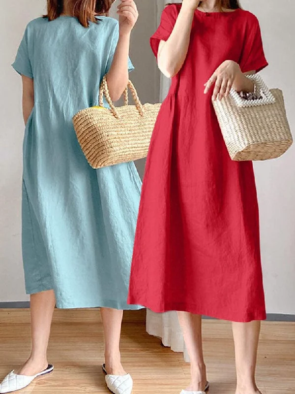 Knee Length Dress Cotton Solid Pockets Women Midi Dress Elegant Faux Wrap Midi Dress