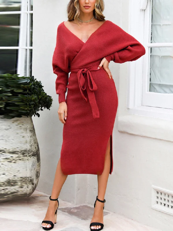 Knitted Low-cut V-neck Lace-up Back Hollow Out Long Sleeve Split Hem Women Midi Dress Trendy Shift Midi Dress