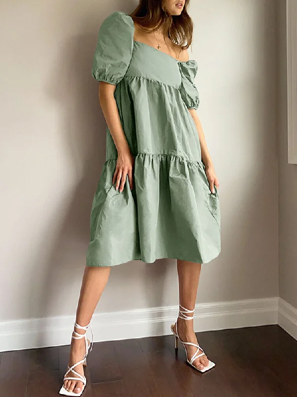 Leisure Puff Sleeve Back Tie Split Stitching Summer Loose Women Midi Dress Chic Floral Print Midi Dress