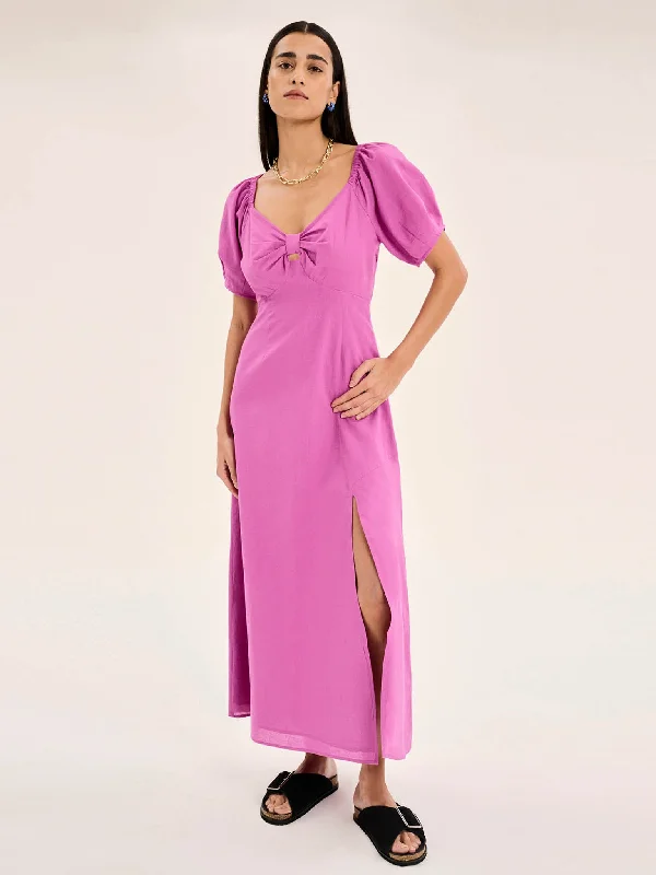 London Linen Bow Detail Midi Dress in Magenta Fashionable Floral Embroidery Midi Dress