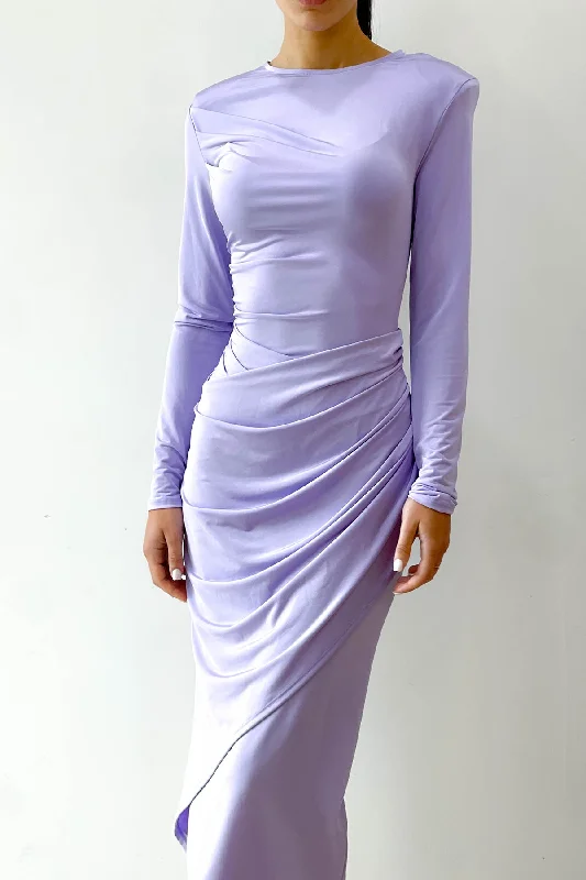 Mania Lilac Midi Dress by HSH Comfortable Ruched Midi Dress