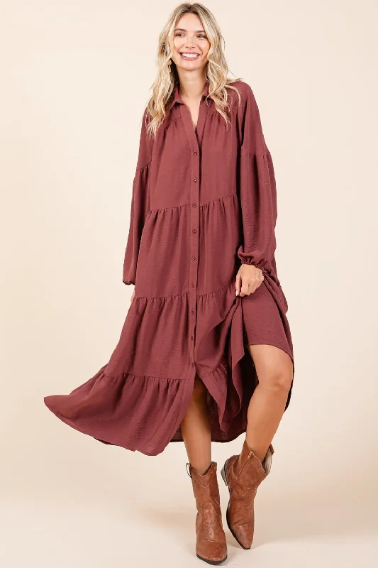 Mittoshop Tiered Button Down Long Sleeve Midi Dress Fashionable Wide Leg Midi Dress