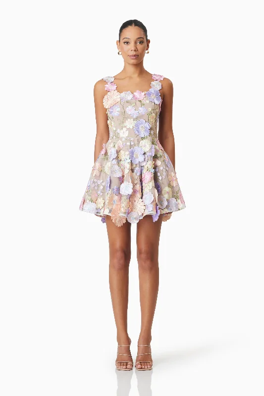 Moana Floral Embellished Mini Dress in Purple Elegant Floral-Print Mini Dress