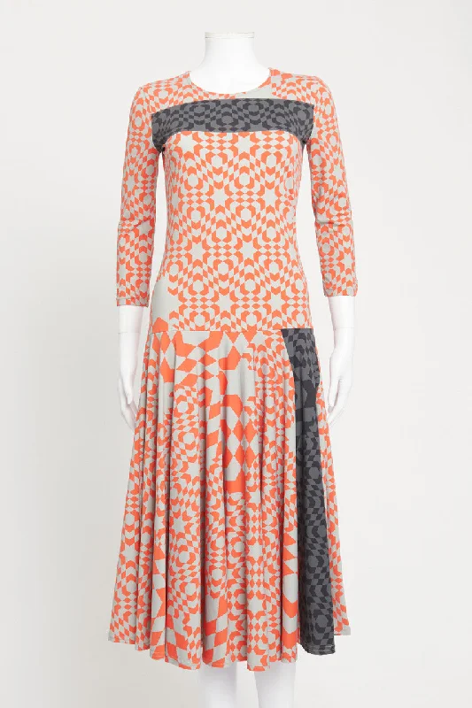 Orange and Grey Geometric Print Jersey Preowned Midi Dress Cozy Midi Dress with Pockets