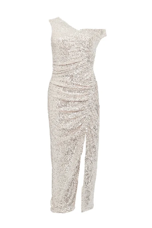 Silver Sequin Gathered Asymmetric Midi Dress Cozy Wide Strap Midi Dress