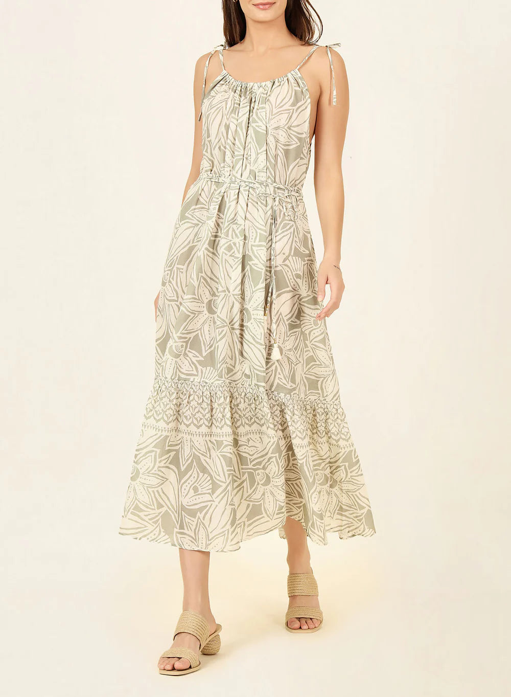 OMIKA Mariana Midi Dress - Martina In Agave Elegant Pleated Detail Midi Dress