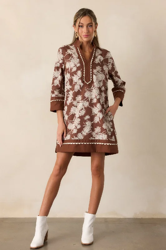 Orchid's Whisper 100% Cotton Chocolate Floral Long Sleeve Mini Dress Fashionable Mini Dress with Frills