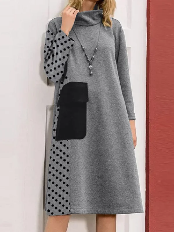 Patchwork Polka Dot Print Drop Shoulder Turtleneck Casual Women Midi Dress Elegant Sleeveless Midi Dress