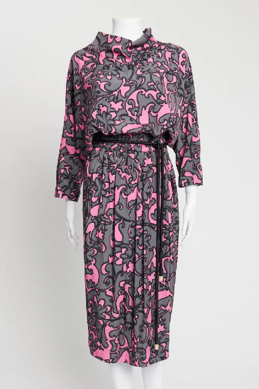 Pink and Grey Printed Jersey Midi Dress Comfortable Wrap Midi Dress