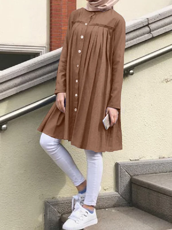 Pleated Button Up O-neck Tunic Kaftan Shirt Casual Women Midi Dress Stylish Button-Down Midi Dress