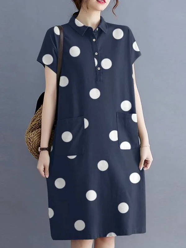 Polka Dot Print Cotton Button Pockets Women Midi Dress Cozy Knit Midi Dress