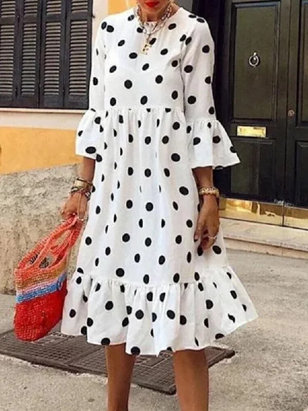 Polka Dot Print Pleating Casual Irregular Hem Women Midi Dress Elegant Puff Sleeve Midi Dress