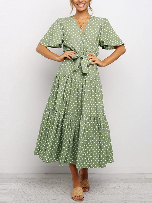 Polka Dot V-neck Short Sleeve Casual Belt Women Midi Dress Comfortable Deep V Midi Dress