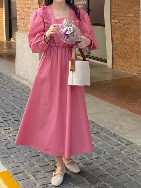 Puff Sleeve Pleating Leisure Holiday Casual Women Midi Dress Fashionable Off-Shoulder Dress Midi