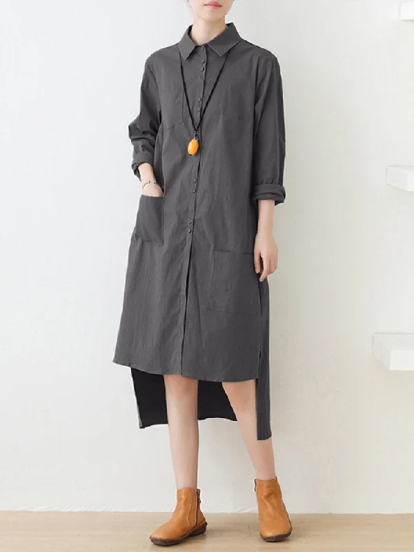 Pure Color Button Pocket Lapel Collar High-low Hem Long Sleeve Shirt Women Midi Dress Stylish Pleated Skirt Midi Dress