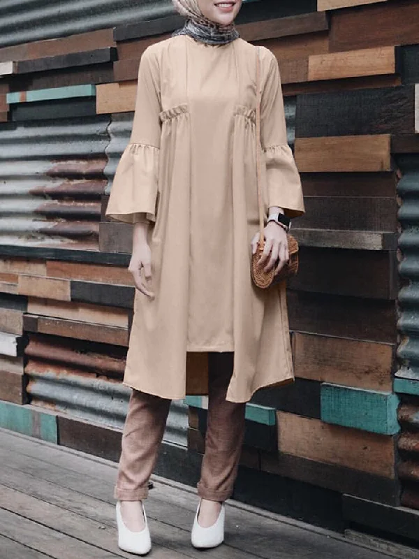 Pure Color Irregular Hem Flared Sleeve O-neck Casual Women Midi Dress Fashionable High-Low Midi Dress