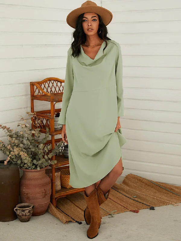 Pure Color Long Sleeve Design Casual Women Midi Dress Stylish Pleated Skirt Midi Dress