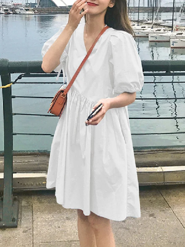 Pure Color Puff Sleeve V-neck Pleats Plain Daily Casual Women Midi Dress Chic Off-Shoulder Midi Dress