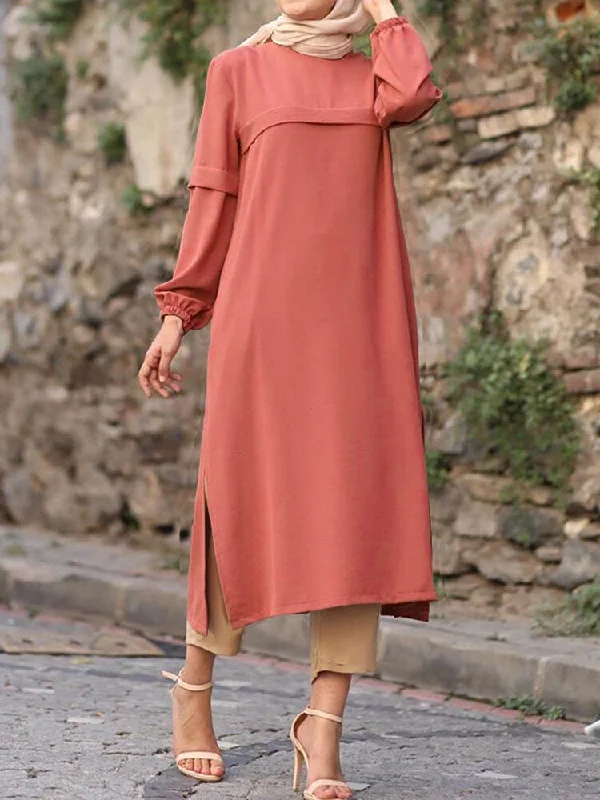 Pure Color Puff Sleeves Silt Elastic Cuffs O-neck Casual Women Midi Dress Fashionable Pencil Midi Dress