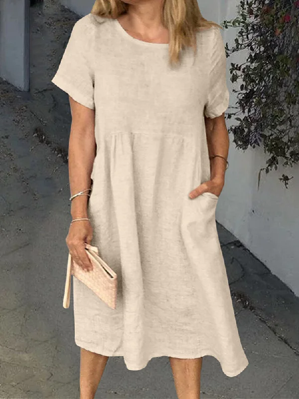 Pure Color Round Neck Pocket Short Sleeve Daily Casual Women Midi Dress Cozy T-shirt Midi Dress