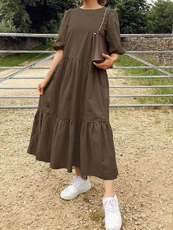 Pure Color Tiered Round Neck Half Sleeve Simple Ruffle Women Midi Dress Fashionable Chiffon Midi Dress