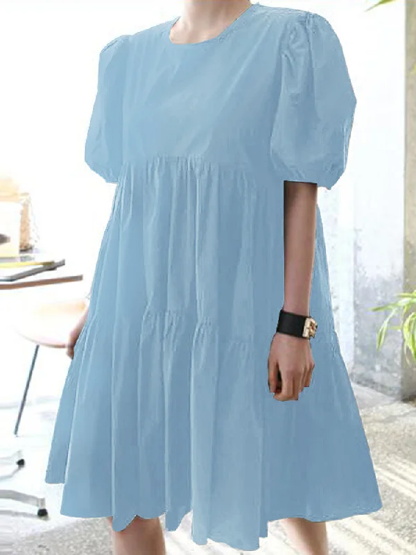 Pure Color Tiered Round Neck Stitching Casual Short Sleeve Women Midi Dress Trendy Flared Sleeve Midi Dress