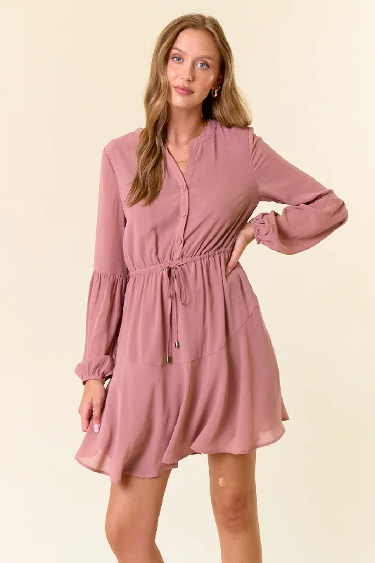 Radiant Vision Long Sleeve Ruffle Mini Dress Trendy Button-Detail Mini Dress