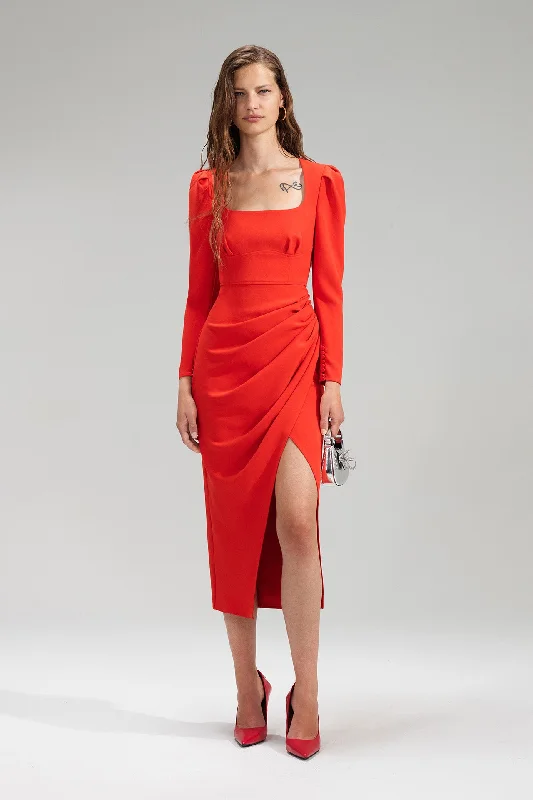 Red Crepe Ruched Midi Dress Trendy Ruched Side Midi Dress