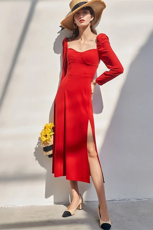 Red Long Sleeves Midi Dress Cozy Ribbed Knit Midi Dress