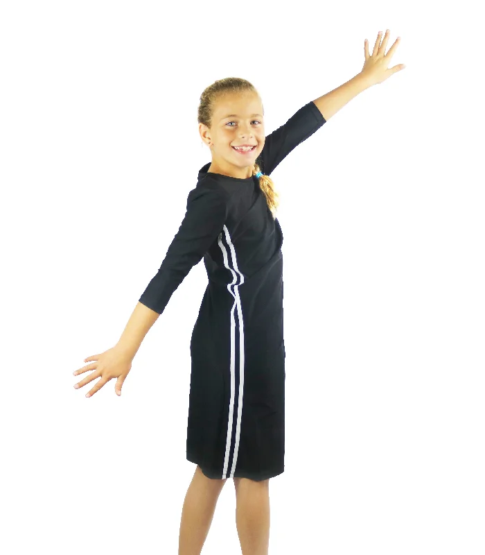 Girls Modest Tznius 3/4 Sleeve UPF 50+ Sun Protection bathing Suit Swimdress (Reef in Black / White) Elegant Ruffle Swimsuit