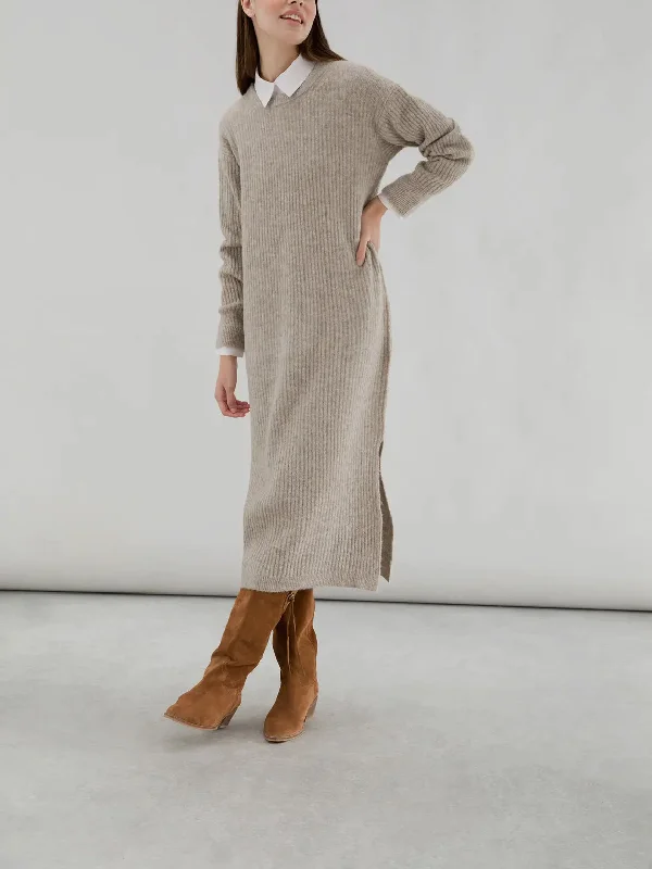 Ribbed Long Sleeve Midi Dress Comfortable Denim Midi Dress