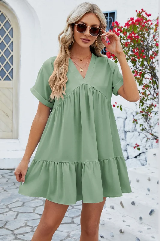 Ruched Tiered V-Neck Short Sleeve Mini Dress Modern Satin Mini Dress