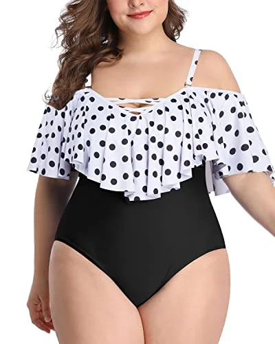 Ruffled Off-Shoulder Plus Size One Piece Swimsuits For Women-White Black Polka Dots Tropical Print Bikini