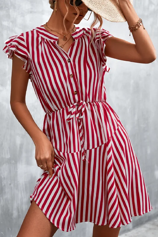 Ruffled Striped Cap Sleeve Mini Dress Stylish Short-Sleeve Mini Dress