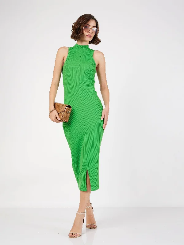 Women Green Rib Turtle Neck Sleeveless Midi Dress Comfortable Empire Waist Midi Dress