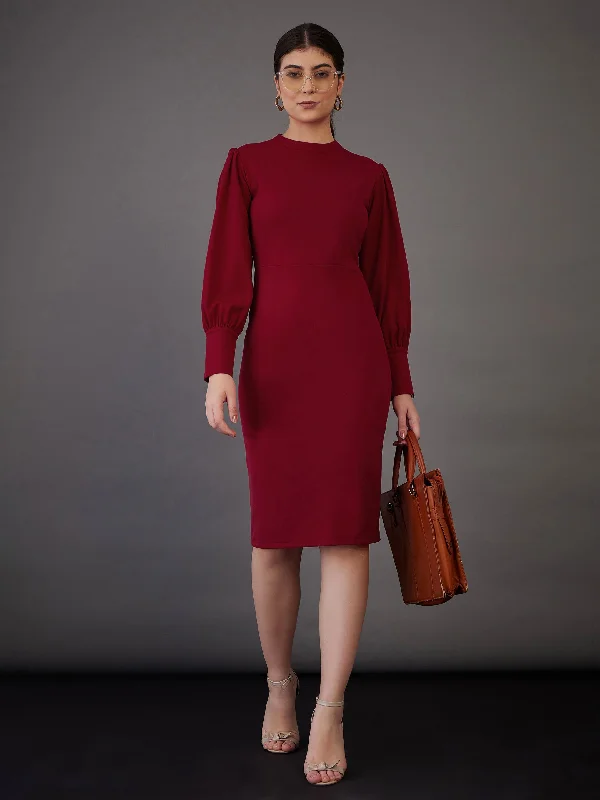 Women Red Puff Sleeves Bodycon Midi Dress Cozy Spaghetti Strap Midi Dress