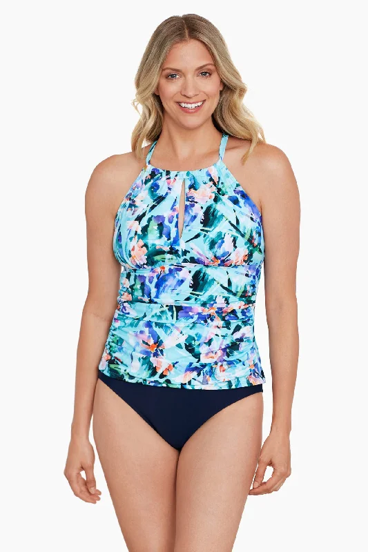 High Neck Keyhole Tankini Top Graphic Garden Swimsuit with Skirt