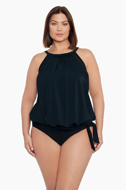 Plus Size High Neck Blouson Tankini Top W/ Mesh Inserts Meshed Up Floral Bikini Top