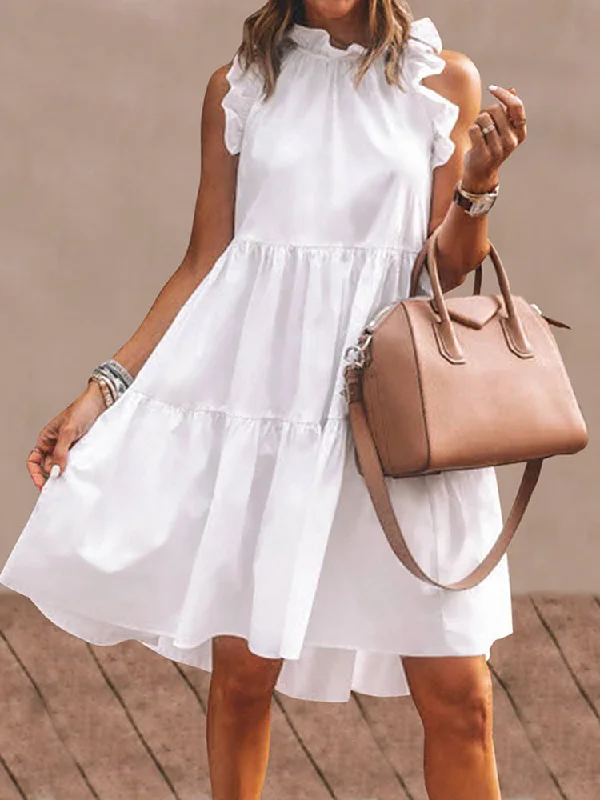 Simple Midi Dresses Ruffles Hem Dress Stylish Halter Neck Midi Dress