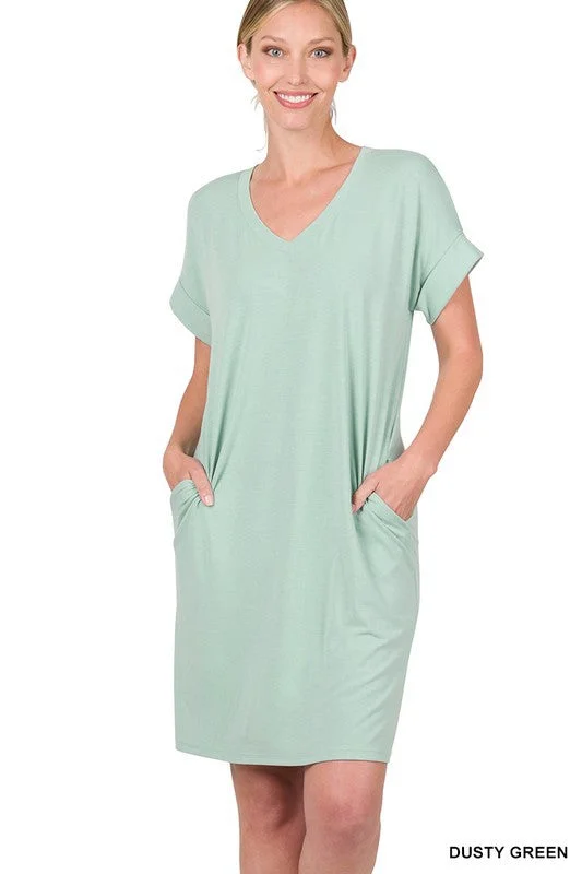 @* Hard To Catch Dusty Green Rolled Sleeve Mini Dress (Size Small) Comfortable Ruffle Mini Dress