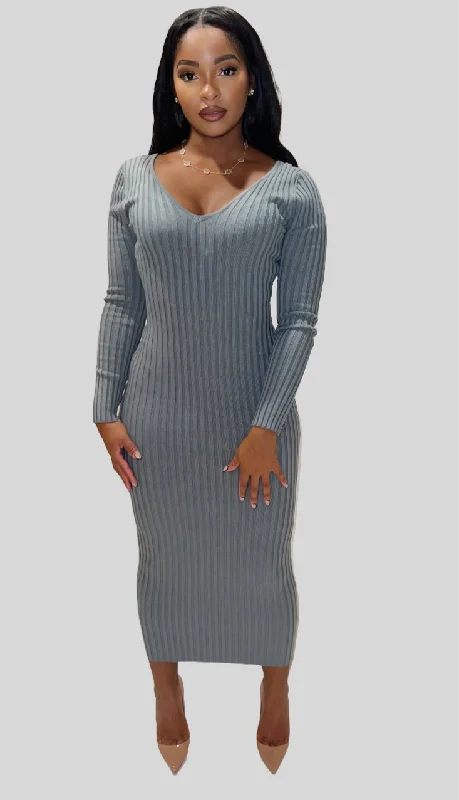 Slim Fit Ribbed Midi Dress Trendy Smocked Detail Midi Dress