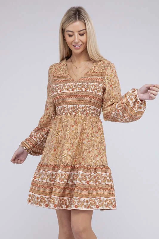 Beige Floral Smocked Bishop Sleeve Mini Dress Comfortable Wrap Mini Dress