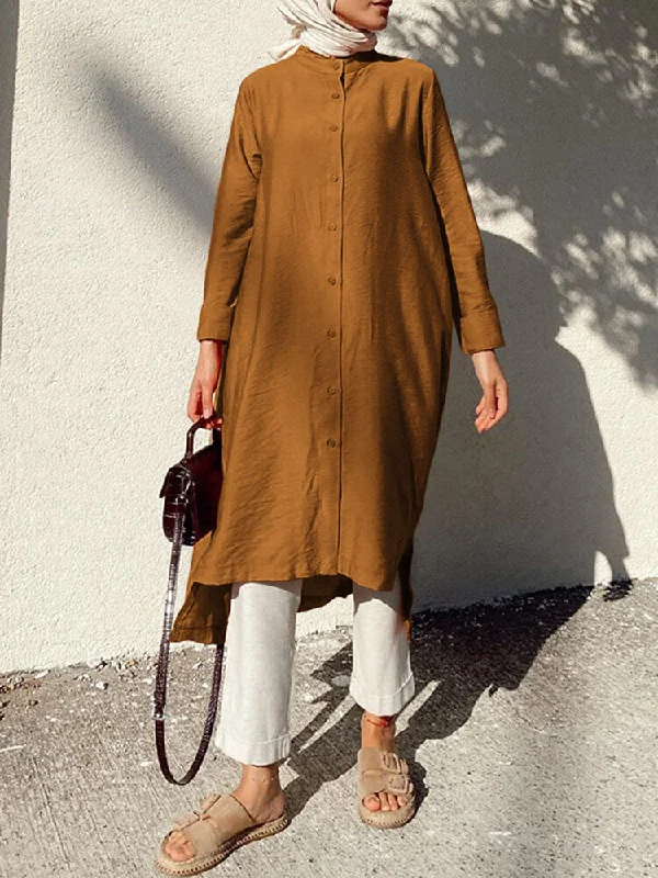 Solid Knee Length Button Up Long Sleeve High-low Hem Kaftan Robe Women Midi Dress Stylish Vintage Midi Dress