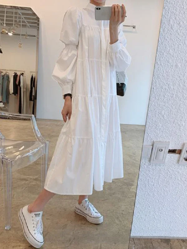 Solid Tiered Stand Collar Pleats Puff Sleeve Casual Shirt Women Midi Dress Trendy Square Neck Midi Dress