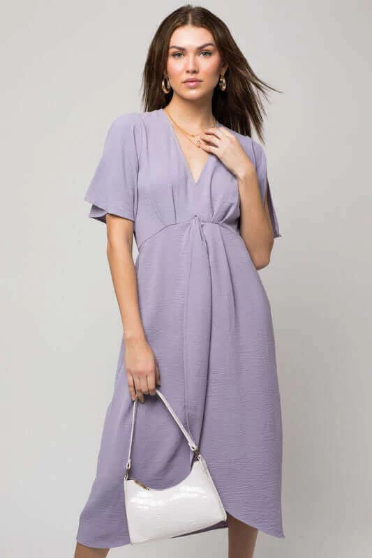 Solid V-Neck Short Sleeve Midi Dress W-Front Knot Comfortable Wrap Midi Dress