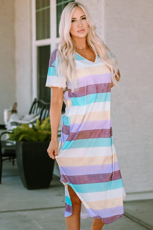 Striped V-Neck Curved Hem Midi Dress Stylish Tiered Midi Dress