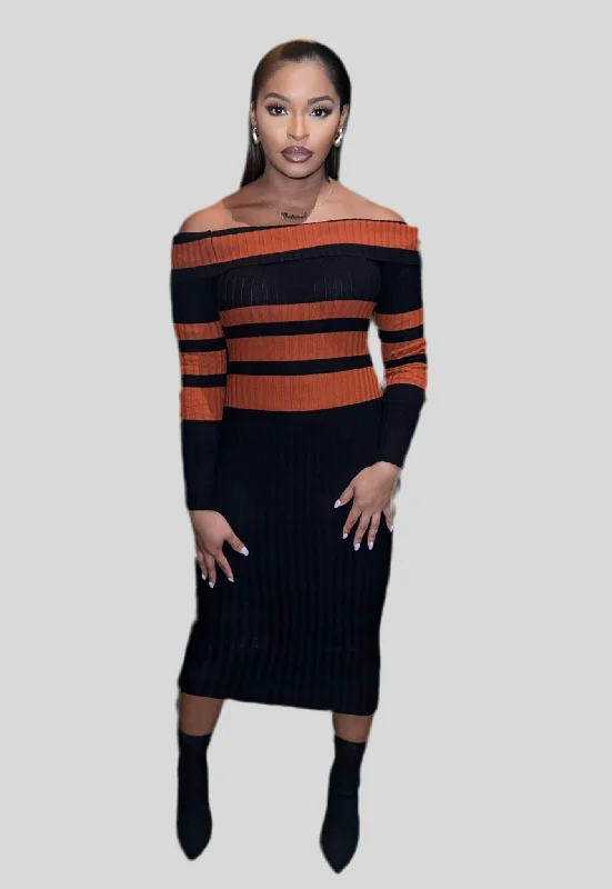 Stripped Ribbed Midi Dress Cozy Ribbed Knit Midi Dress