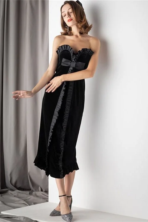 Sweetheart Black Velvet Midi Dress Elegant Puff Sleeve Midi Dress